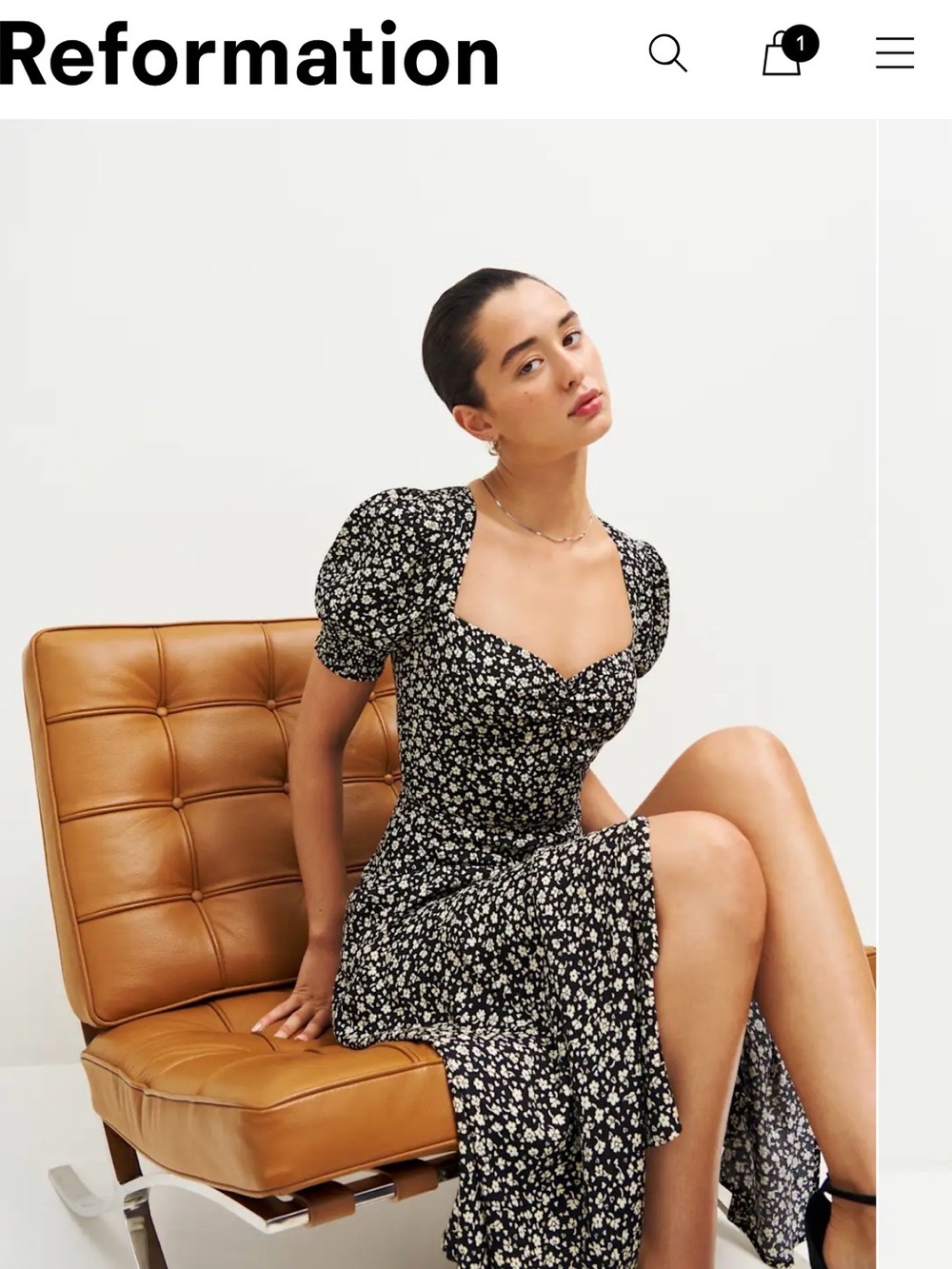 Reformation Black Floral Puff-Sleeve Midi Dress with Sweetheart Neckline